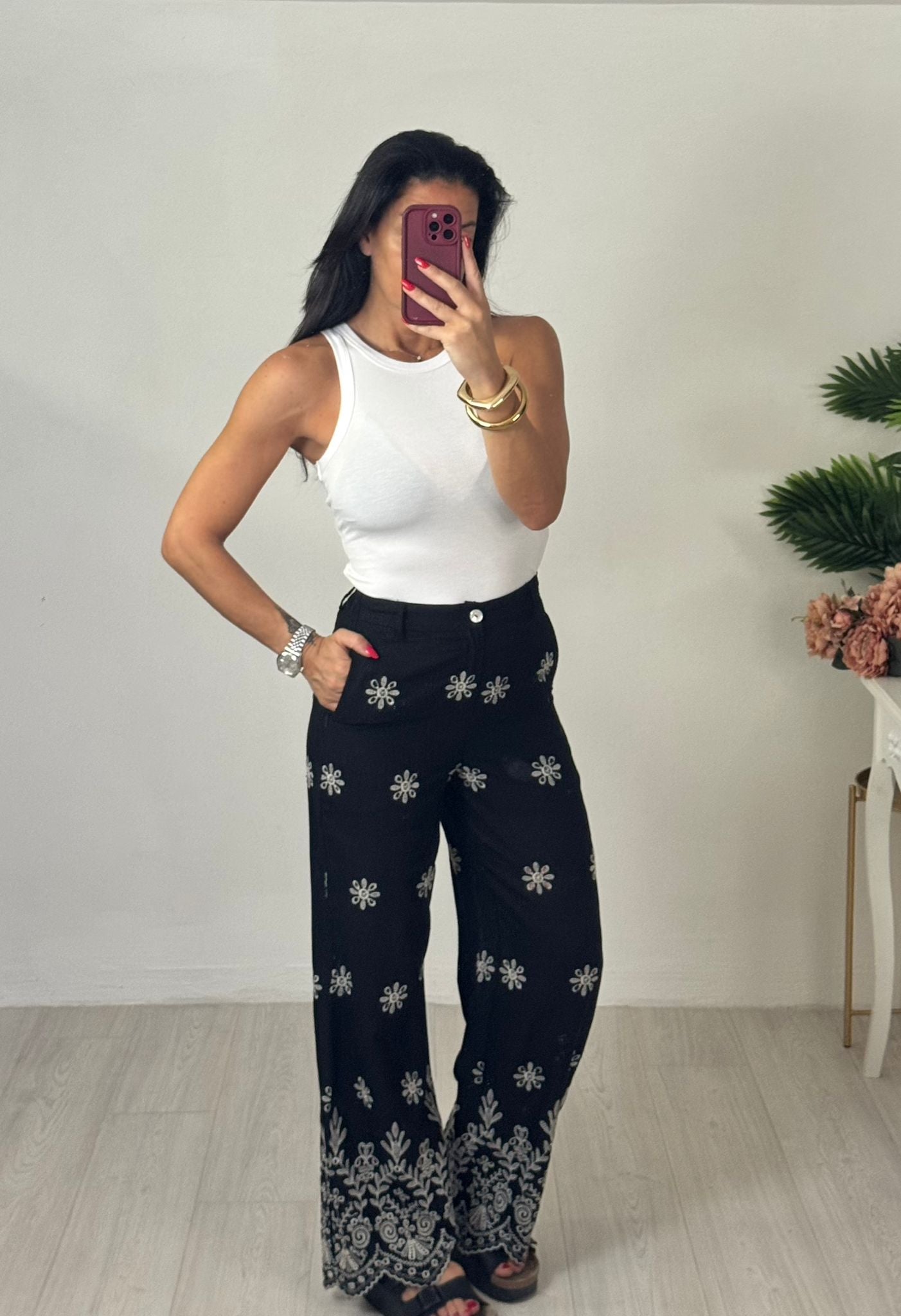 Pantaloni Ricamo Nero